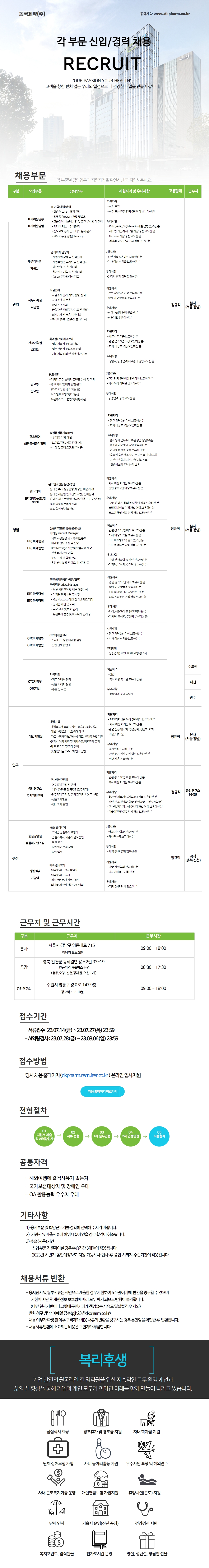 [동국제약] 각 부문 신입/경력 채용(~7.27)